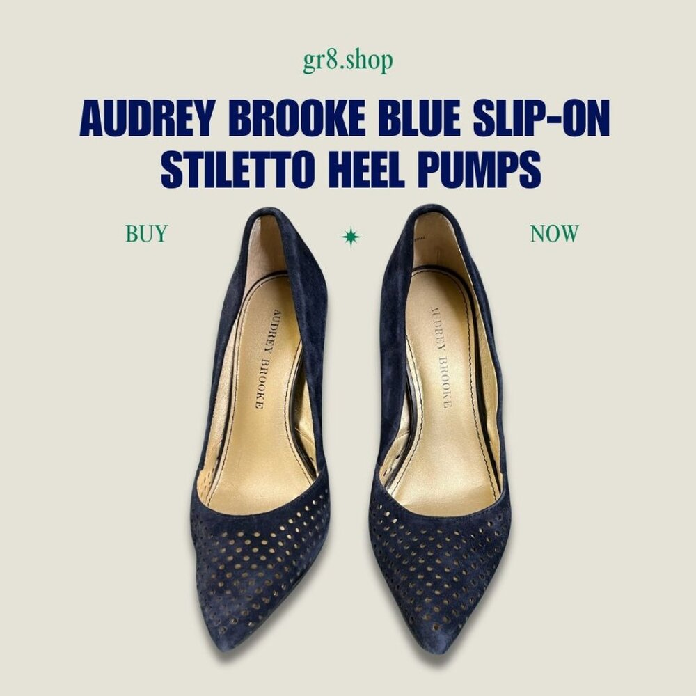 AUDREY BROOKE Blue Slip-On Stiletto Heel Pumps With Perforated Design & Metallic